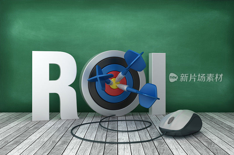 3D字ROI与目标和电脑鼠标在黑板背景- 3D渲染